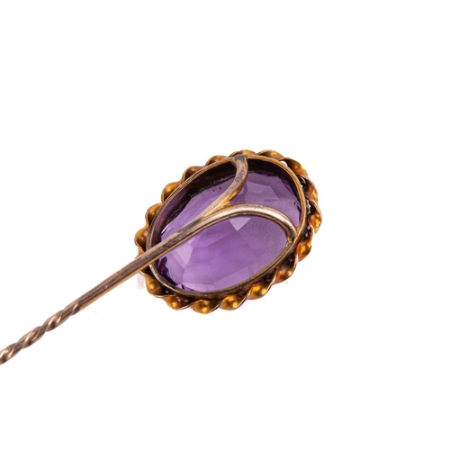 161 - An amethyst stick pin, the amethyst measuring 20mm x 14.8mm, a diamond bar brooch, set with an old c... 