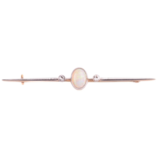 168 - An opal and diamond bar brooch, the opal measuring 7.2 x 5.3mm between single cut diamonds, the broo... 