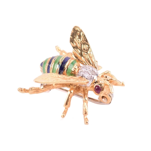 185 - An 18-carat gold, enamel and diamond bee brooch, the thorax with bands of green and blue enamel and ... 