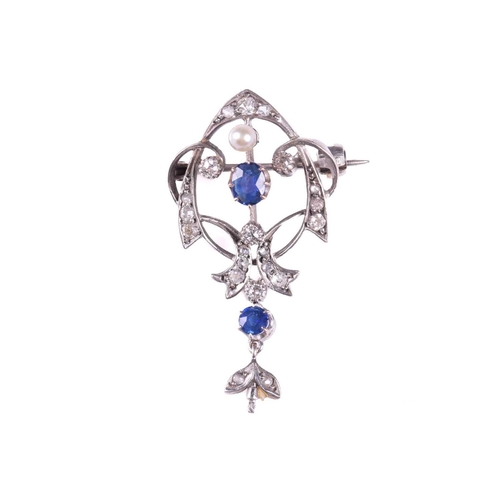 190 - An Edwardian and later adapted sapphire, pearl and diamond set brooch, the central oval-cut sapphire... 