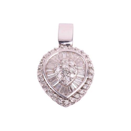 195 - A diamond and synthetic diamond cluster pendant, set throughout with round brilliant cut and tapered... 