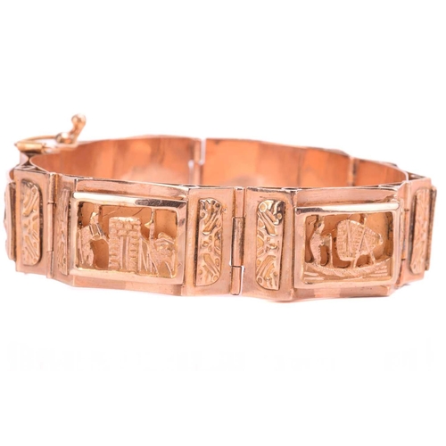 2 - A storyteller panel bracelet, modelled as a sequence of six bevelled rectangular panels with cut-out... 