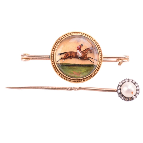 202 - A diamond cocktail watch with cord and leather strap, a split pearl and rose cut diamond stick pin, ... 