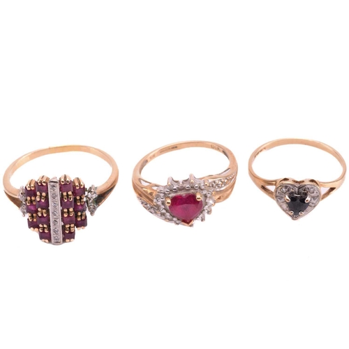 203 - Three gem set rings, comprising a heart-shaped sapphire set with three diamonds set in 9ct gold, rin... 