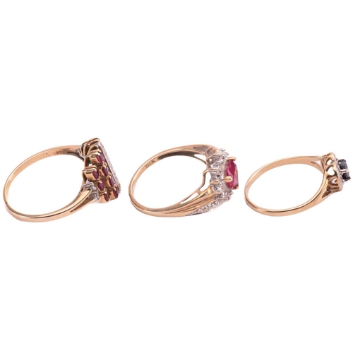 203 - Three gem set rings, comprising a heart-shaped sapphire set with three diamonds set in 9ct gold, rin... 