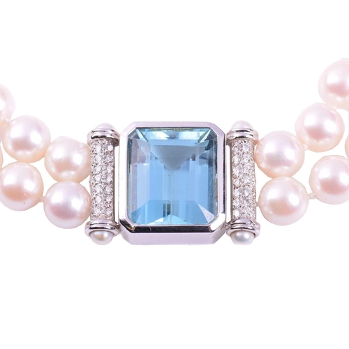 211 - An aquamarine, diamond and cultured pearl choker necklace, the central aquamarine measuring 17.5mm x... 