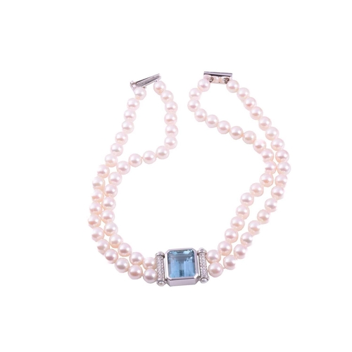 211 - An aquamarine, diamond and cultured pearl choker necklace, the central aquamarine measuring 17.5mm x... 