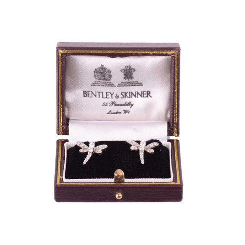 221 - A pair of diamond dragonfly earrings, each designed as a dragonfly set throughout with round brillia... 