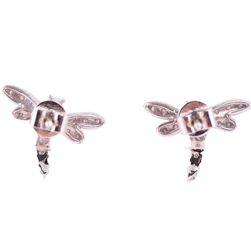 221 - A pair of diamond dragonfly earrings, each designed as a dragonfly set throughout with round brillia... 