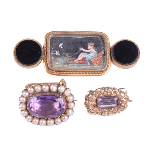 239 - Two amethyst fichu pins and a micro portrait brooch; including a fichu pin set with oval-cut amethys... 