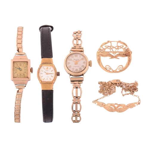 241 - Three watches, a brooch and a necklace. Featuring a gold plated Rotary ladies wristwatch, a yellow m... 