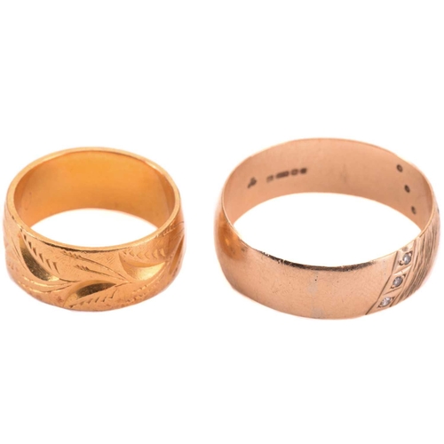 26 - Two wide wedding rings in yellow gold; the first comprises a flat band of 8.0 mm wide, with bright-c... 