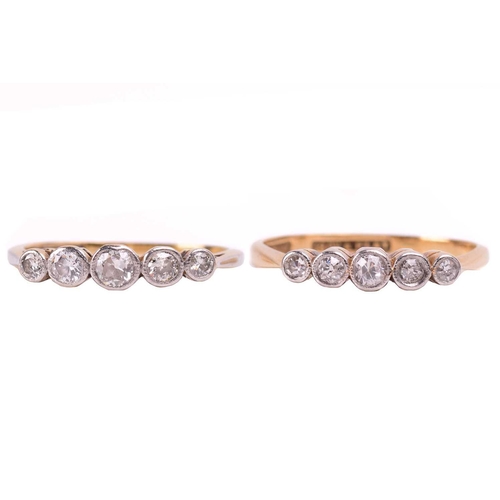 266 - Two diamond five stone rings, the first set with a row of old cut diamonds with a total estimated we... 