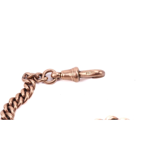 31 - A 9-carat rose gold curb pattern watch chain; of graduated links with single clip terminals and susp... 