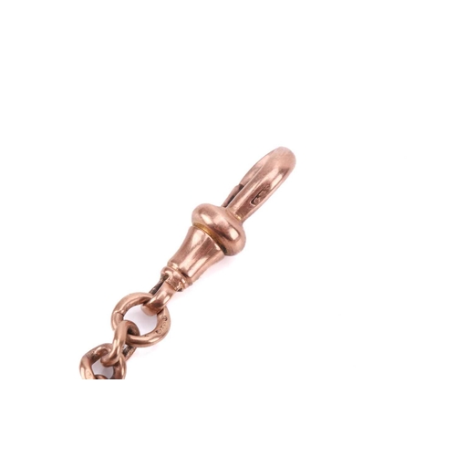 31 - A 9-carat rose gold curb pattern watch chain; of graduated links with single clip terminals and susp... 