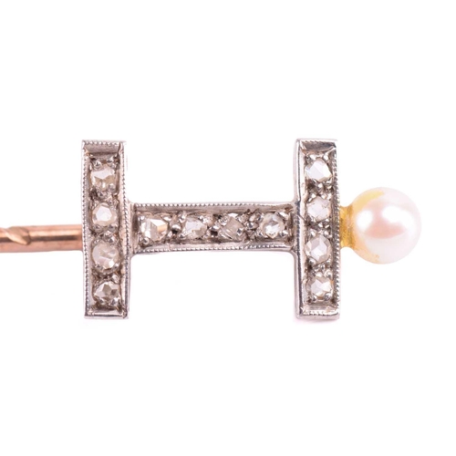 268 - A stick pin with initial I set with rose cut diamonds and a cultured pearl, a diamond ring set with ... 