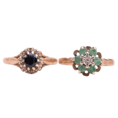 277 - A sapphire and diamond cluster ring with hallmarks for 9ct gold, ring size K, and a chrysoprase and ... 