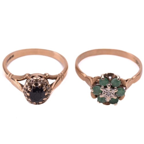 277 - A sapphire and diamond cluster ring with hallmarks for 9ct gold, ring size K, and a chrysoprase and ... 