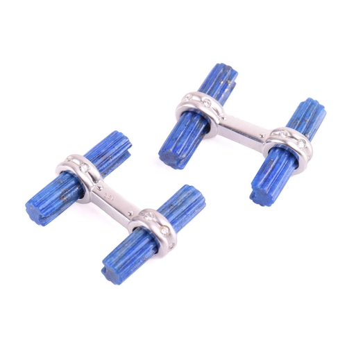 289 - A pair of diamond and lapis lazuli cufflinks, set with round brilliant cut diamonds and ridged baton... 