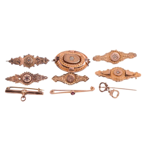 310 - A collection of six Victorian brooches including four set with seed pearls, two with hallmarks for 9... 