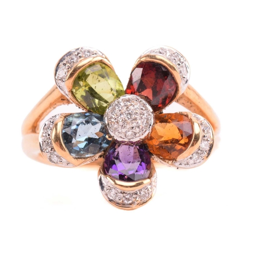 316 - A multi-gem floral cocktail ring and matching earrings; the five-petal flowerhead is composed of ova... 