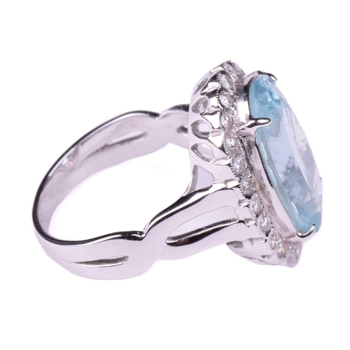 318 - An aquamarine and diamond cluster ring, set with an aquamarine measuring 16.2mm x 10.8mm, encircled ... 