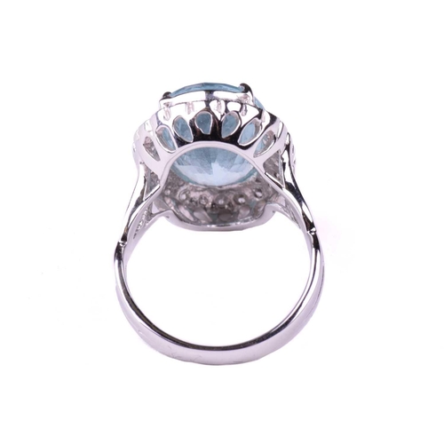 318 - An aquamarine and diamond cluster ring, set with an aquamarine measuring 16.2mm x 10.8mm, encircled ... 