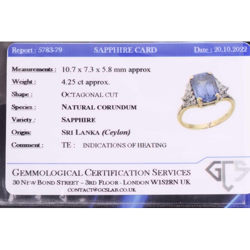 320 - A sapphire and diamond ring, set with a central sapphire with an estimated weight of 4.25ct, measuri... 