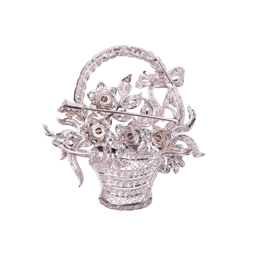 324 - A diamond 'en tremblant' brooch designed as a basket of flowers tied with a ribbon and bow to the ha... 