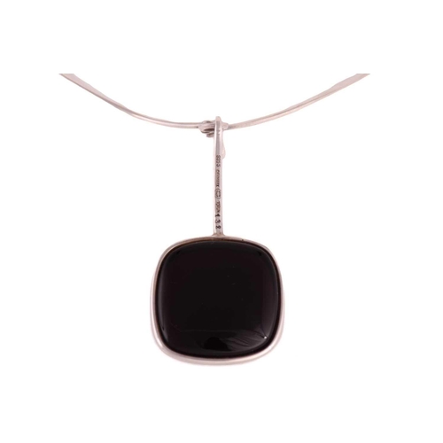 326 - Georg Jensen - 'Neck Ring' with square smoky quartz drop pendant; comprising a streamlined tension c... 