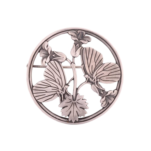 331 - Georg Jensen - a butterfly brooch, depicting two butterflies resting upon bellflowers, fitted with h... 