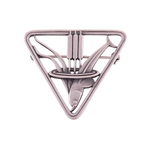 333 - Georg Jensen - a triangular openwork brooch depicting a dolphin diving near some pond bulrushes, fit... 