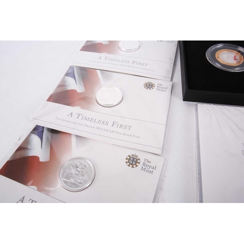 338 - Six £20 silver coins from The Timeless First series, a £5 brilliant uncirculated crown commemorating... 