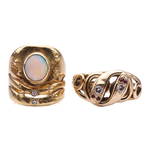 34 - An opal and diamond ring in an organic abstract design, the shank with English hallmarks for 18ct go... 