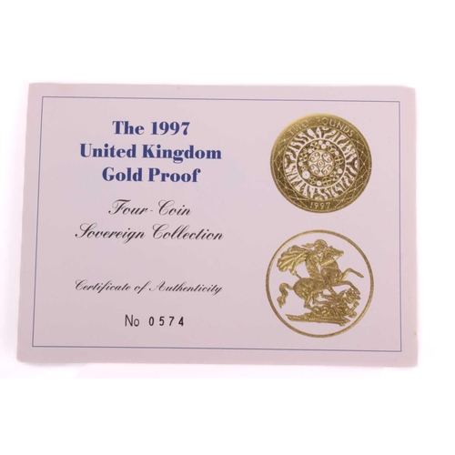 345 - A UK, gold proof, four coin, sovereign set, 1997, £5, £2, sovereign & ½ sovereign, with gold plated ... 