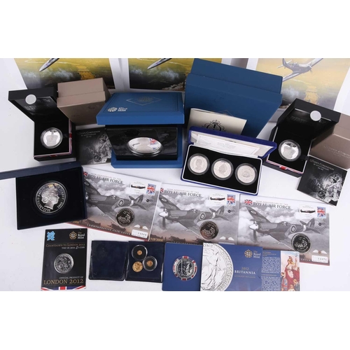 359 - History of the RAF RJ Mitchell, silver proof medallion, 2008. A QEII 2012, one ounce, £2 crown. A cu... 