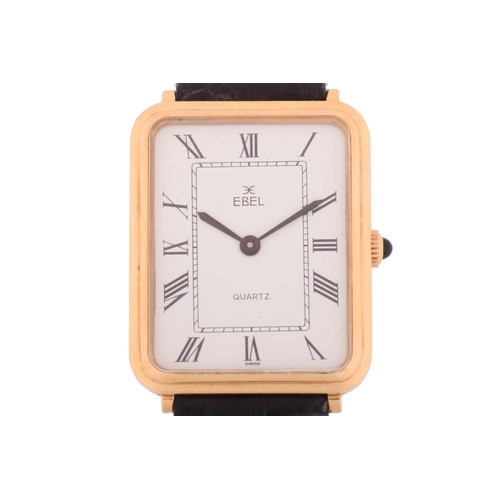 412 - An Ebel rectangle dress watch, featuring a Swiss-made quartz movement in a yellow metal case stamped... 