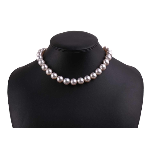 42 - A South Sea pearl necklace with a spherical diamond and pink sapphire clasp, the pearls measuring 13... 