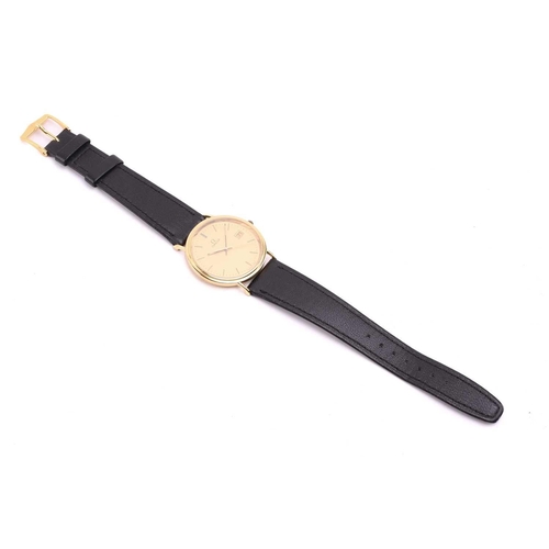 427 - An Omega 18k quartz wristwatch ref. 53542414, the gold dial having baton hour markers and date apert... 