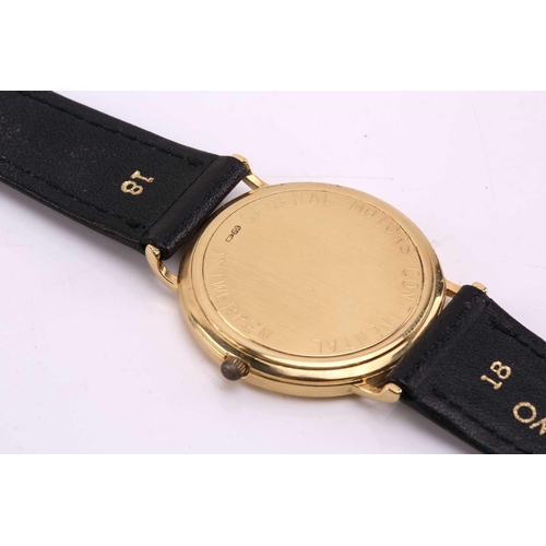 427 - An Omega 18k quartz wristwatch ref. 53542414, the gold dial having baton hour markers and date apert... 