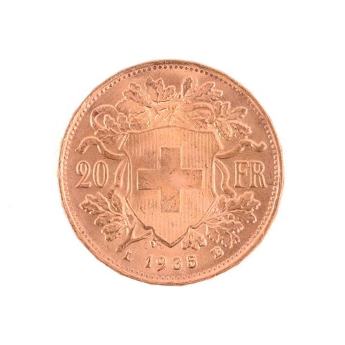 372 - A Swiss 20 Francs Helvetia Head bullion, with mint mark 'L-B' indicating it as a restrike of the 193... 