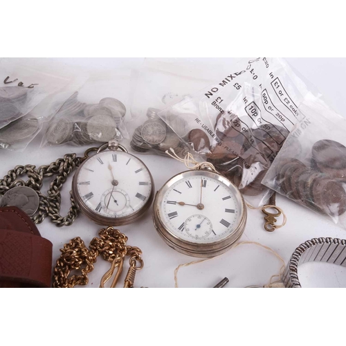 376 - Three silver-cased, open-face pocket watches, a gold-plated Elgin pocket watch, five silver/chromium... 