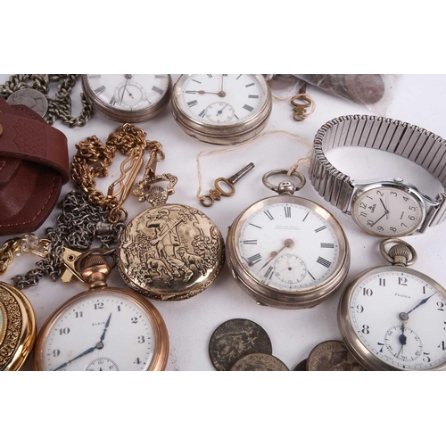 376 - Three silver-cased, open-face pocket watches, a gold-plated Elgin pocket watch, five silver/chromium... 