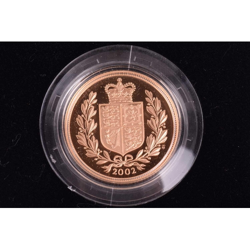 381 - A UK, gold proof, sovereign, 2002, issued by the Royal Mint, number 3551/12500, in presentation box.