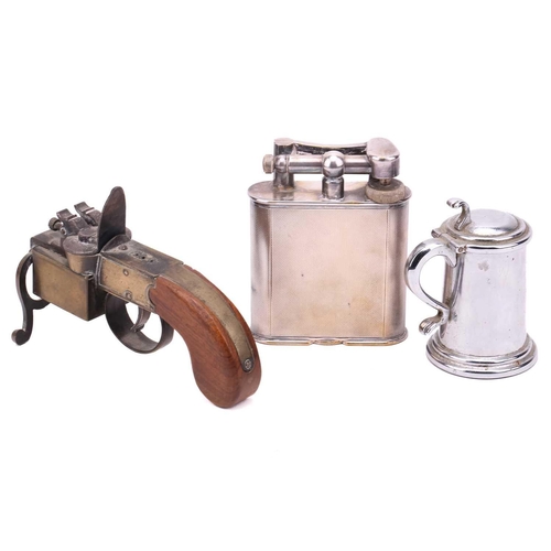 386 - Three Dunhill lighters, comprising a silver plated table lighter with engine-turned decoration, Pate... 