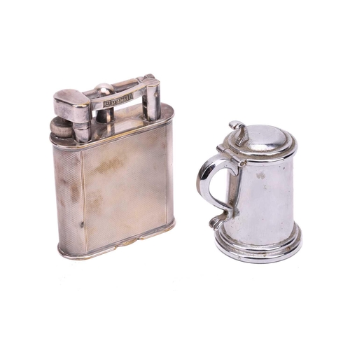 386 - Three Dunhill lighters, comprising a silver plated table lighter with engine-turned decoration, Pate... 