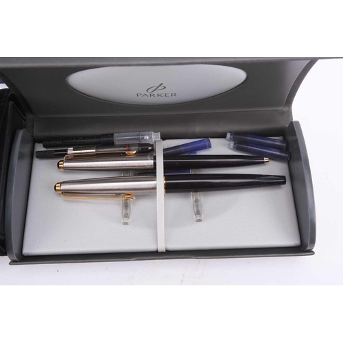 393 - A collection of boxed and cased Waterman, Parker and Shaefer fountain pens, including a metallic blu... 