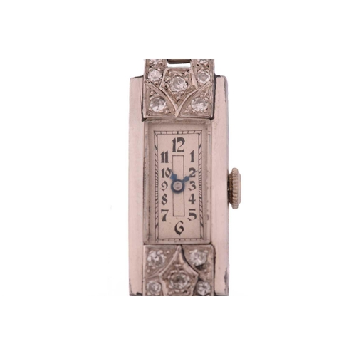 463 - A Platinum art-deco lady's dress watch, featuring a hand-wound mechanical movement in a white metal ... 