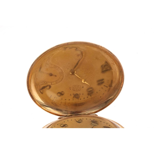 476 - A full hunter pocket watch in 14ct gold, featuring a keyless wound movement in a yellow metal case s... 