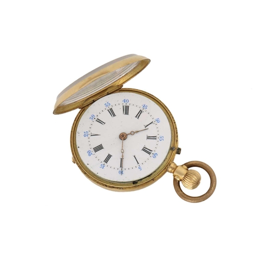 477 - An 18ct yellow gold open face ladies fob watch, the white enamel dial with black and blue numerals, ... 